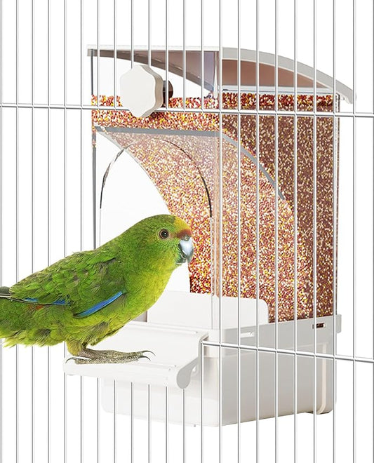 BNOSDM No Mess Bird Feeder Transparent Automatic Bird Cage Feeder with Perch Acrylic Parrot Food Container Parakeet Cage Accessories for Parakeets, Budgies, Cockatiel, Finch, Canary, Lovebird (White)