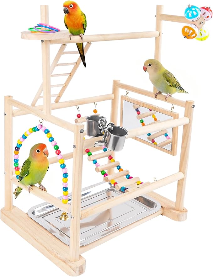 Bird Playground, 3 Tier Bird Perch Stand Parrot Playground Bird Tree with Parakeet Toys, Bird Ladder & Swing, Feeder Cups, Parakeet Mirror, and Removable Tray for Small to Medium Birds