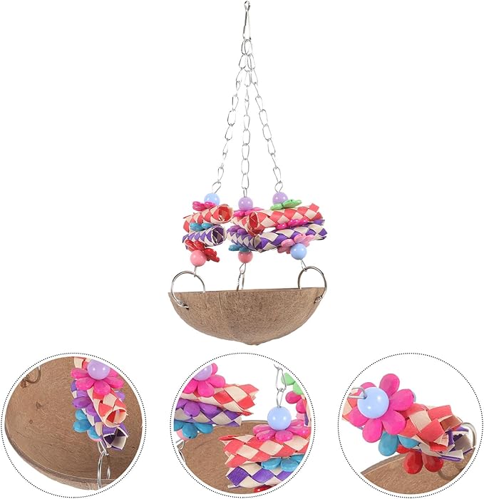 Bird Hammock Coconut Shell Hamster Nest Parrot Cage with Chain Charm and Fake Flower for Pet Hanging Bed (5x11”)