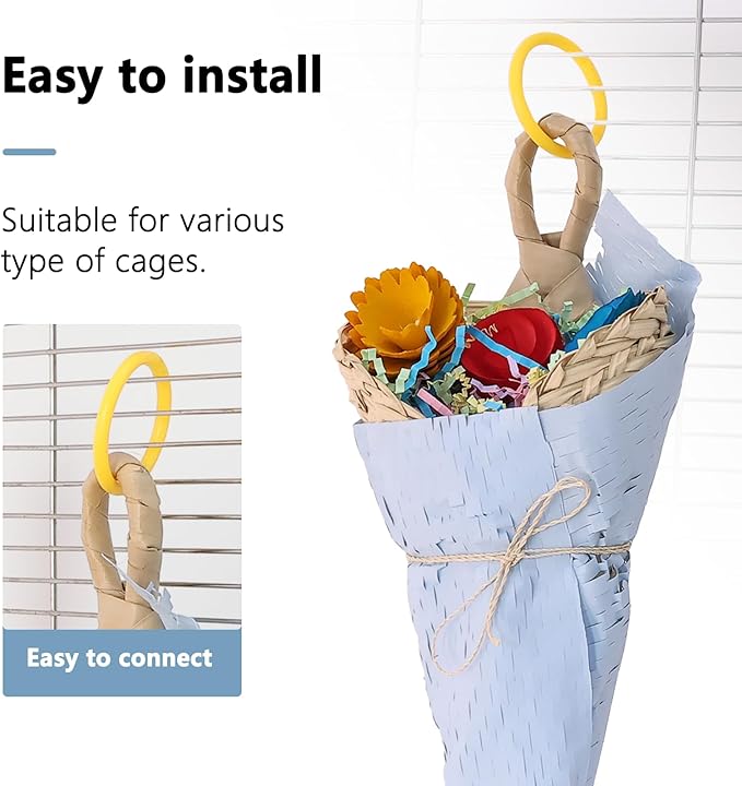 Parrot Chew Toys Set - Natural Wood & Loofah Toys with Plant-Based Dyes, 3 Pack Bird Chew Toys for Cockatiels, Conures & Small Parrots for Cage Enrichment (3 Pieces of Blue Series)