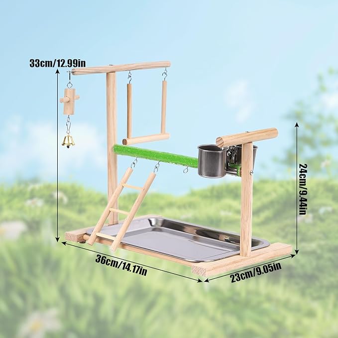 Bird Playground, Natural Wood Bird Perch Stand with Removable Tray and 2 Stainless Steel Feeder Cups, Parrot Playstand Bird Cage Toys for Conure Parakeet Cockatiel Parrot (C)