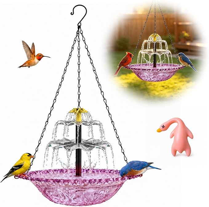 Solar Cascade Hanging Bird Bath Fountain, Large Plastic Bowl with Suspension Chain for Outside Garden, Patio & Yard Decor (Purple)