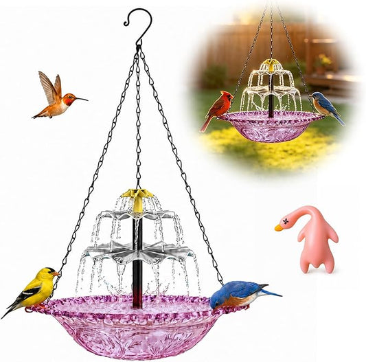 Solar Cascade Hanging Bird Bath Fountain, Large Plastic Bowl with Suspension Chain for Outside Garden, Patio & Yard Decor (Purple)