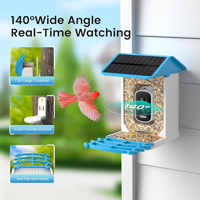 Smart Bird Feeder with Camera, Solar Powered, AI Recognition, Auto-Capture & Instant Notify, Identify 11,000+ Birds, 2K HD Footage, for Bird Enthusiasts, Outdoor Garden.