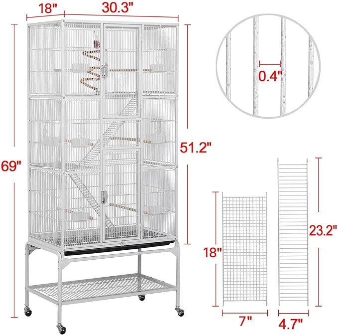 Topeakmart Extra Large Rolling Metal Small Animal Cage for Sugar Gliders Rats & Squirrels, Mobile Large Cage with Detachable Stand, White