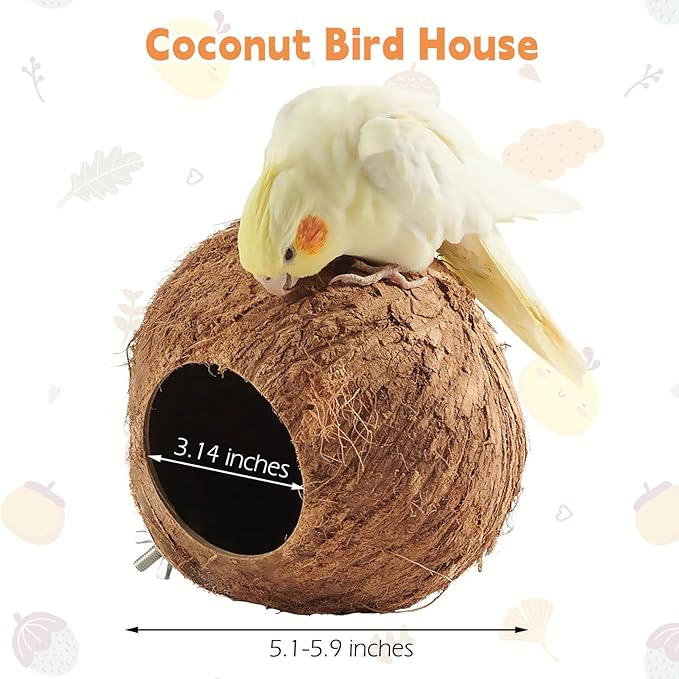 Coconut Bird Nest for Cage Natural Coconut Shell Birds House Parakeet Small Coconut Hide Breeding Hut Bird Cage Accessories for Parrot Lovebirds Budgies Cockatiel Conure Finch Canary