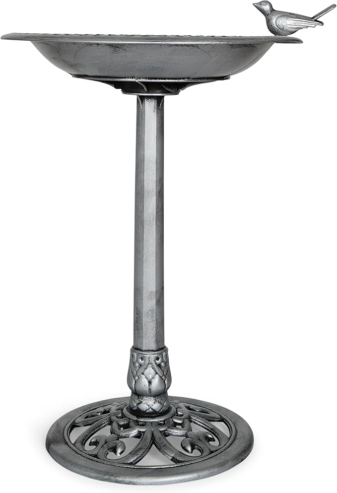 Backyard Expressions Outdoor Garden Bird Bath with Bird - Silver - Weather Resistant Polyresin - 30 Inch