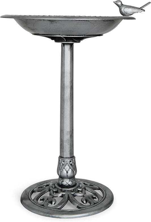 Backyard Expressions Outdoor Garden Bird Bath with Bird - Silver - Weather Resistant Polyresin - 30 Inch