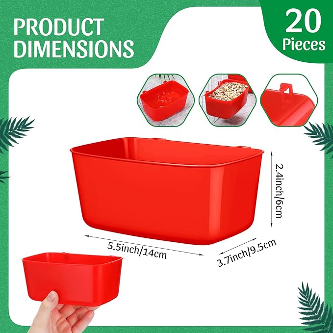 Zhehao 20 Pcs Bird Cage Cups Chicken Feeder Waterer Cups 18 oz Pigeon Feeder Plastic Poultry Wire Cage Hanging Rooster Chicken Water Bowl for Pet Bunny Gamefowl Poultry(Red)