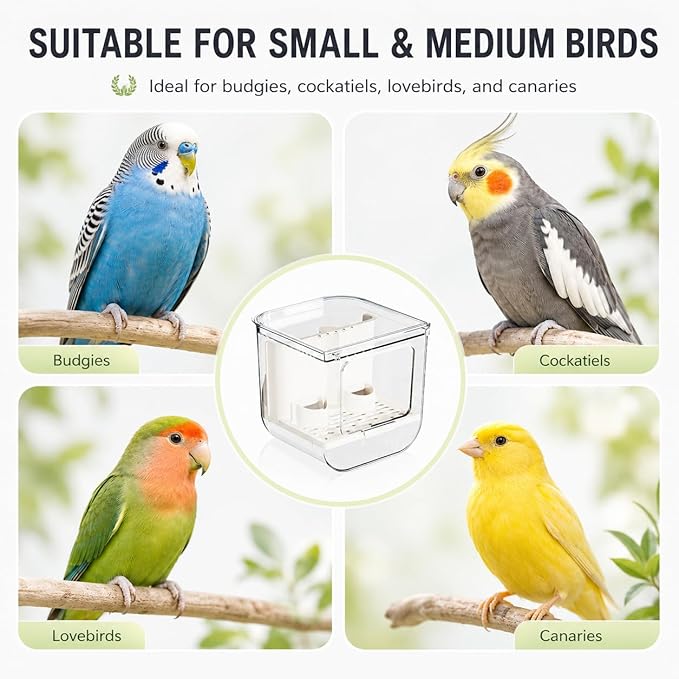 No Mess Automatic Bird Feeder, Transparent Seed Food Container for Bird Cage, Multifunctional Parrot Feeder for Budgies Lovebirds Cockatiels Canaries (1 Pack)