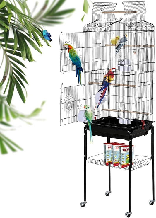 64 Inch Open Top Bird Cage Stand Medium Small Parrot Parakeet Cage with Rolling Stand,Wrought Iron Bird Cage for Cockatiels Lovebirds Parrotlet Flight Conure Pigeon,Black