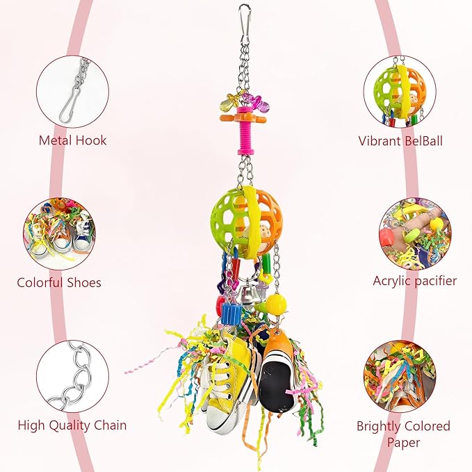 Bird Toys, Interactive Chew Toy, Pullable Colorful Sneakers & Acrylic Sticks for Moderate-Sized Parrots Like Quaker Parrot, Caique, Senegal Parrot and Small Parrots Like Cockatiels, Lovebirds