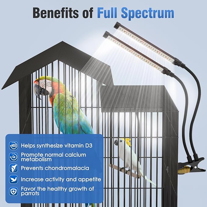 Bird Lighting Bird Cage Light Fixture Combo Kit Full Spectrum LED Pet Light, 15 Brightness Levels,24 Hours Timer, 100pcs LED Beads, Simulates Natural Environment
