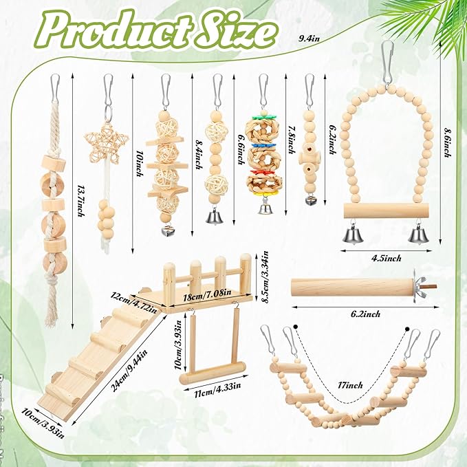 10 Pcs Bird Toys for Parakeets Cage Accessories Parrot Swing Toys and Wooden Perches Platform with Climbing Ladder for Chewing Standing Hanging Swinging Training Budgerigar Conure Cockatiel Finches