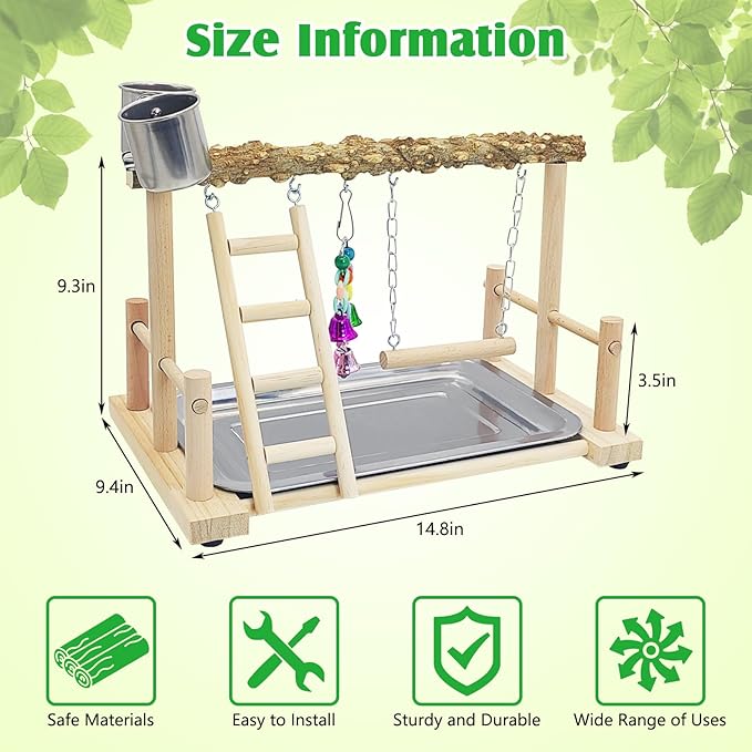 kathson Parrots Playground Bird Perch Wood Playstand Stand with Ladder Swing Feeder Cups Chew Toy for Parakeet Conure Cockatiel Budgie Lovebird Finch Small Birds