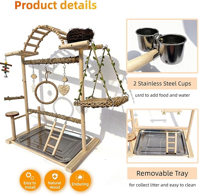Multi-Level Bird Play Stand with Rope & Bell Toys | Natural Wooden Parrot Play Stand with Ladder & Swing | Ideal for Small to Medium Birds | Great for Cockatiels & Parakeets