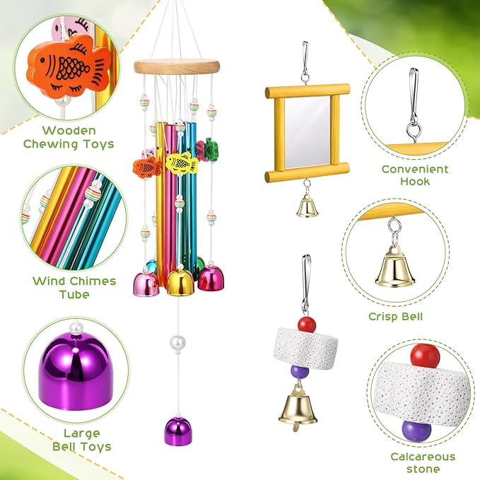 Soulchen 6 Pieces Chicken Toys for Coop Chicken Wind Chime Enrichment Toys Kits Chick Mirror with Bells Swing Hanging Chick Rattan Ball Loofah Bell for Coop Hens Chicks Poultry Birds Parrots