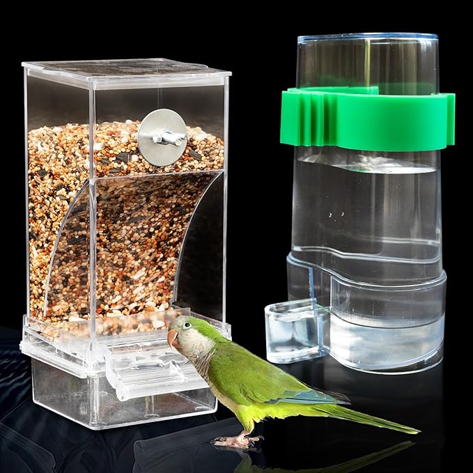 No Mess Bird Feeder Water Dispenser Set, Automatic Bird Feeder for Cage, Parakeet Cage Accessories, Parrot Cockatiel Seed Food Container Drinker for Squirrel Finch Lovebirds Budgies Canary