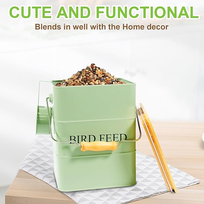 Metal Bird Seeds storage container,Outdoor Bird Container Canister, Pet Food Bin with Wooden Lid/Handle/Food scoop,hold 5-6 Lbs of Wild Bird Seed Sunflower Seed-Preventing Squirrels-Green
