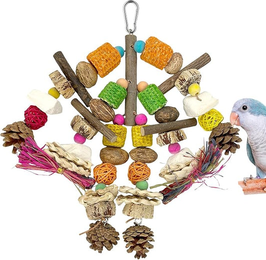 Parrot Toys, Natural Wooden Nutrient-Rich Bird Toy with Cuttlefish Bone, Pine Cones, Wooden Mango & Carambola, Corn Cob Chew Toy, Hanging in Cage for Cockatiel, Quaker Parrot,Conures,Monk Parakeet
