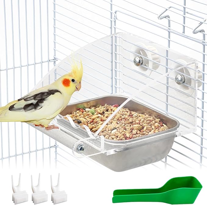 BNOSDM Bird Feeder for Cage with Stainless Steel Food & Water Bowl Acrylic Parakeet Seed Dishes with Anti-Slip Perch Stand for Parrot, Cockatiel, Lovebird, Canary, Finch,Conure,Cockatoo, Pigeon