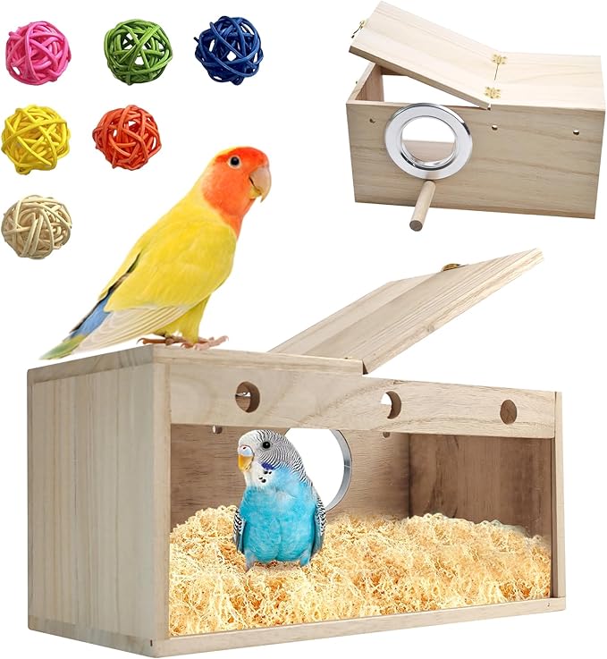 Large Parakeet Nesting Box for Cage,Transparent Bird Breeding Box Acrylic Parakeet Nest Natural Wood Bird Cage House for Parrot Cockatiel Budgies Canaries Lovebirds (L)