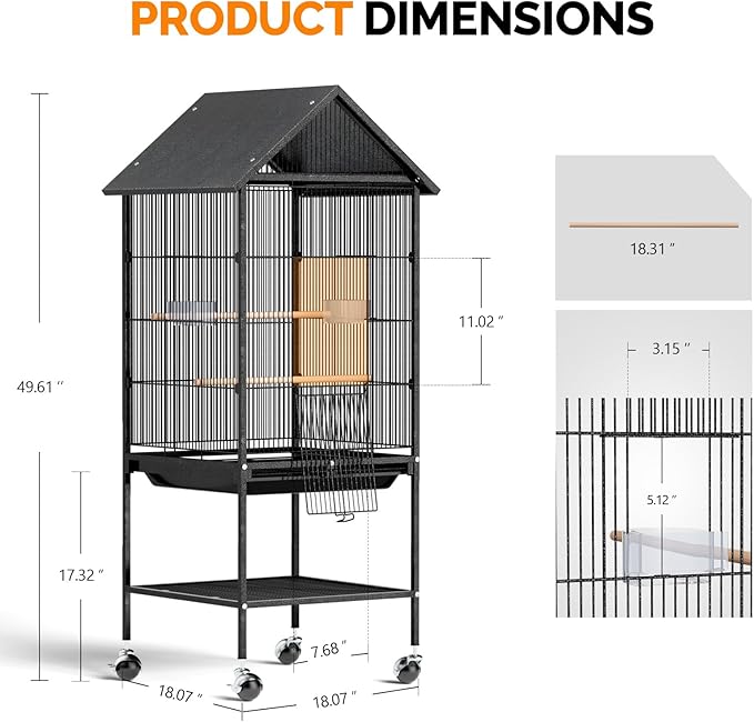 VINGLI Bird Cage, 50 inch Wrought Iron Bird Cage with Handle for Parakeets, Parrot, Lovebirds, Finches, Small/Medium Birds (50" with Wheels)