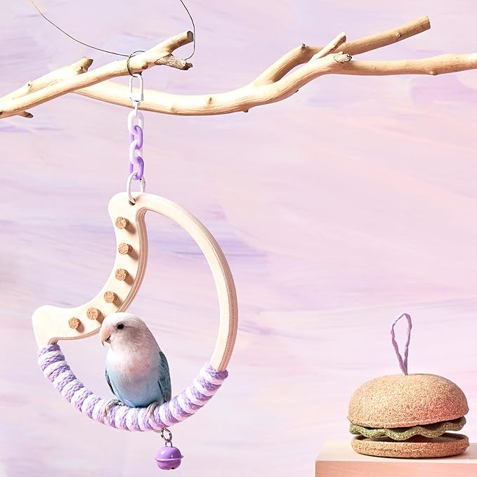 Natural Bird Swing - Tree-Shaped Parrot Perch with Bell and Cork Toys, Spinning Wooden Stand for Parakeets, Budgies, Lovebirds and Small/Medium Birds (White + Blue)