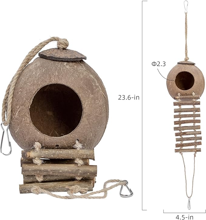 Niteangel Natural Coconut Hamster Hideaway with Ladder, Bird and Small Animal Toy (House with Ladder, Smooth Surface)