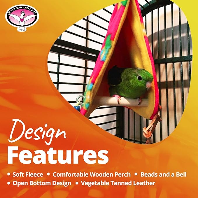 Super Bird Creations SB473 Peekaboo Perch Tent for Small Birds, Bird Bed & Parrot Perch, Ideal Bird Cage Accessories for Parakeets, Finch, Canary Cockatiels, Comfortable Bird Perches Cage, 10”x4”x4.5”