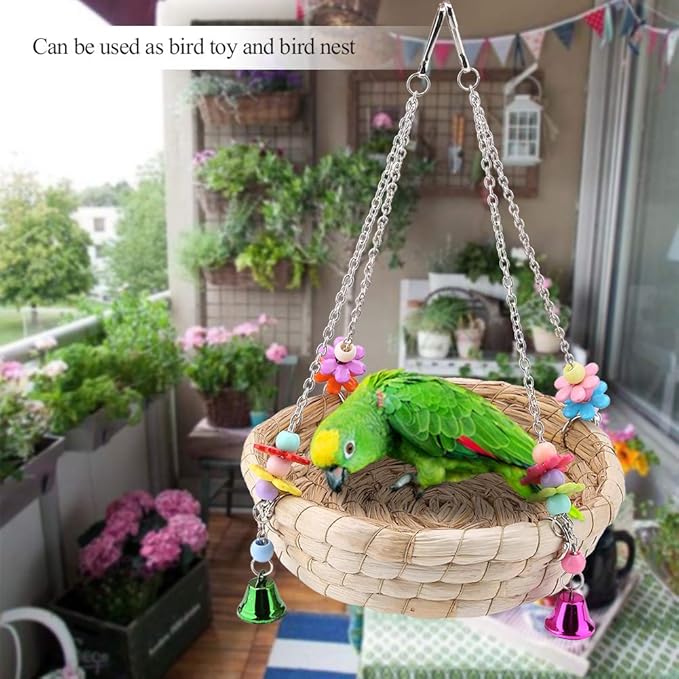 TOPINCN Nest Straw Reusable Bird Lovebird Bite Toy Basket Bed Hanging on Birdcage