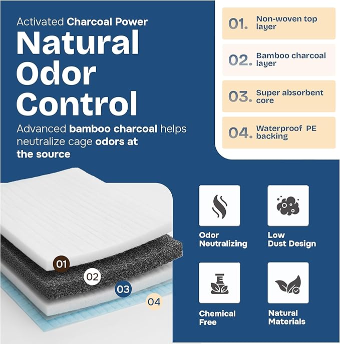 PHOBA Bamboo Charcoal Bird Cage Liners, 18''x24'', 100Sheets, Bamboo Charcoal Odor Control Papers, Super Absorbent Disposable Tray Mats for Parrots, Parakeets, Cockatiels.
