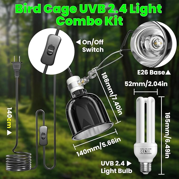 GlowUp Bird Cage Light Fixture Combo Kit, Deep Dome Lampshade with 2.4% UVB Bulb 20W, Bird Light for Captive Birds, Reptiles