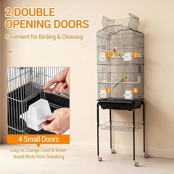 64 in Bird Cage, Parrot Cage, Parakeet Cage - Large Hanging Birdcage with Solid Iron Wrought Construction, Rolling Storage & Bird Stand, Flight Nest for Cockatiel, Budgie, Canary & Small Parrots