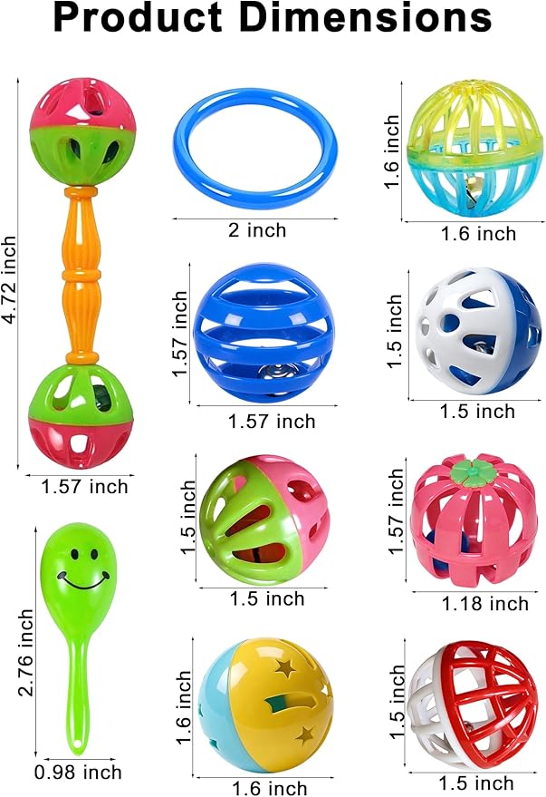 12 Pack Bird Toys for Small and Medium Parrots, Colorful Chew Bell Balls Foot Toys with Rattles for Parakeets Cockatiels Conures