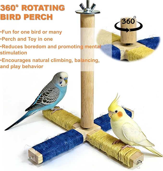 360° Rotating Bird Perch Stand - 4 Perches + 5 Colorful Chew Strand, Natural Bird Cage Accessories, for Small & Medium Birds Parakeets Cockatiels Lovebirds Budgies