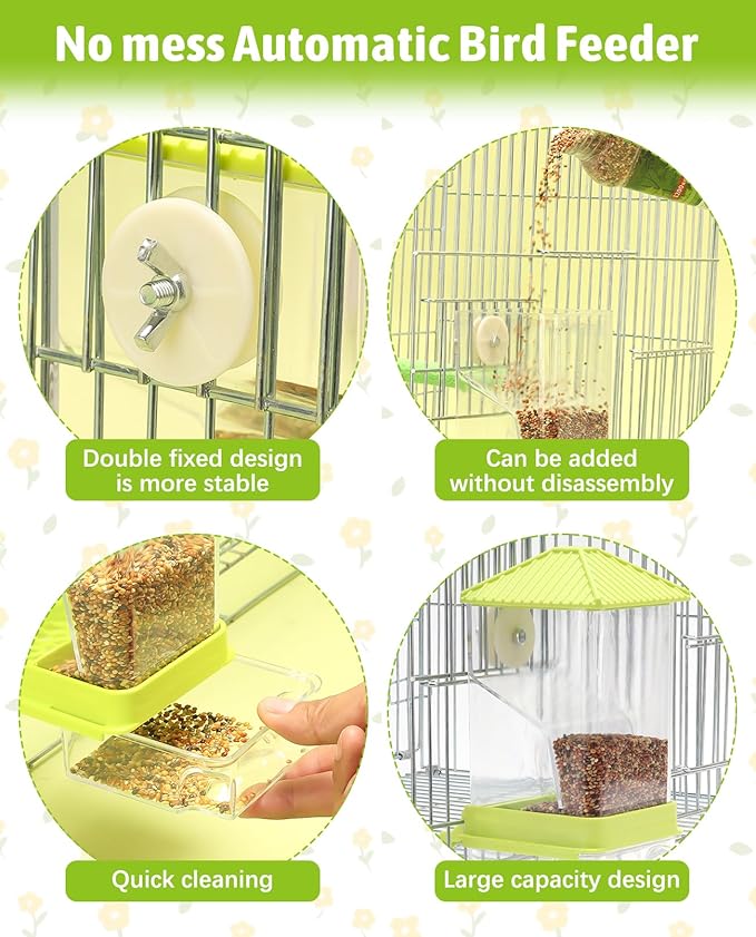 Hamiledyi Automatic Bird Feeder No Mess Bird Cage Feeder Seed Food Container with Perch Transparent Parrot Cage Accessories for Parakeets, Budgies, Cockatoos, Finches, Lovebirds, Canaries (White)
