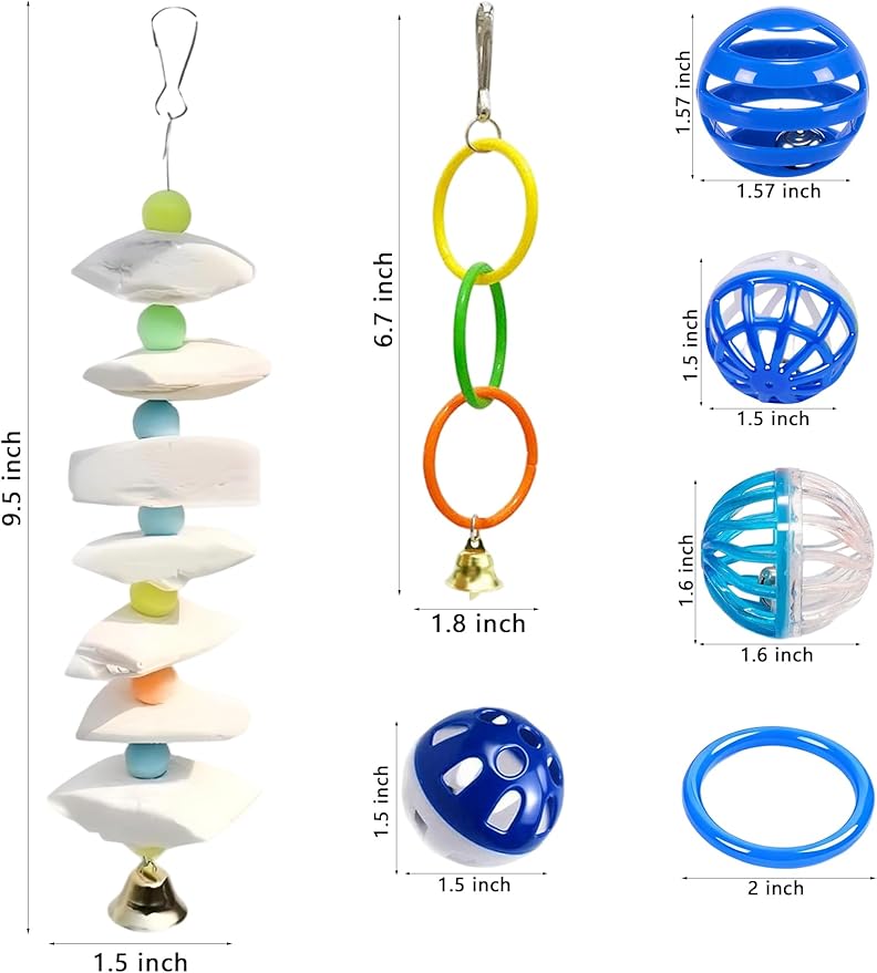 11 Pcs Bird Toys for Parakeets - Natural Cuttlefish Bone Calcium Chew Toys with Bells for Budgies, Lovebirds & Small Birds