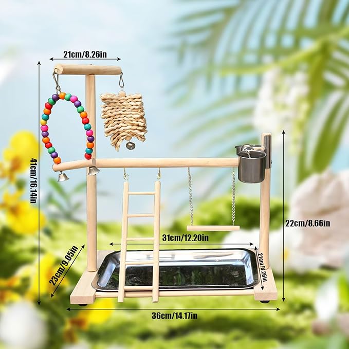 Bird Stand, Natural Wood, Parrot Playground with Removable Tray & 2 Stainless Steel Feeder Cups, Suitable for Parakeet, Conure, Cockatiel, Lovebird, Canary, Lorikeet & African Grey