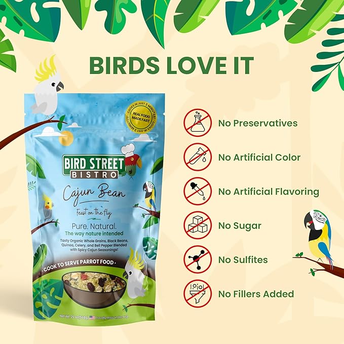 Parrot Parakeet Cockatiel Food - Bird Food - Cooks in 3-15 min with Natural Grains - Legumes - Non-GMO Fruits, Vegetables, & Health Orientated Spices (4.00 Pound (Pack of 1), Cajun Bean)