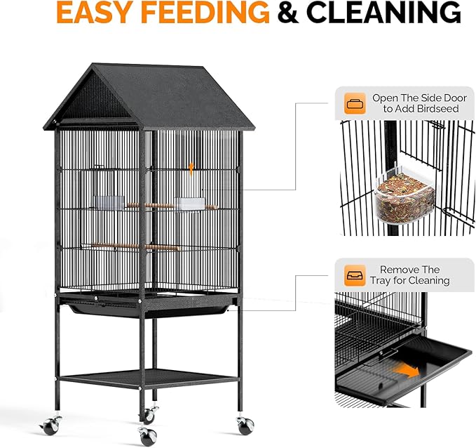 VINGLI Bird Cage, 50 inch Wrought Iron Bird Cage with Handle for Parakeets, Parrot, Lovebirds, Finches, Small/Medium Birds (50" with Wheels)