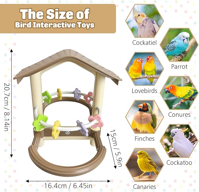 kathson Bird Mirror with Plastic Perch and 5PCS Colorful Rattan Balls Parakeet Hanging Swing with Mirror Interactive Toy Bird Cage Accessories for Cockatiel Parrot Conures Cockatoo Finch(Brown)