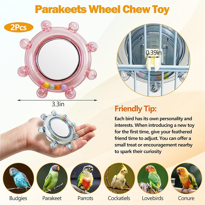 Hamiledyi Bird Rotating Toys with Mirror Interactive Spinner Rattle Parrot Toy Birds Chewing Toy Parakeet Cage Accessories for Entertainment Suitable for Conure Cockatiel Lovebird (Blue and Pink,2PCS)