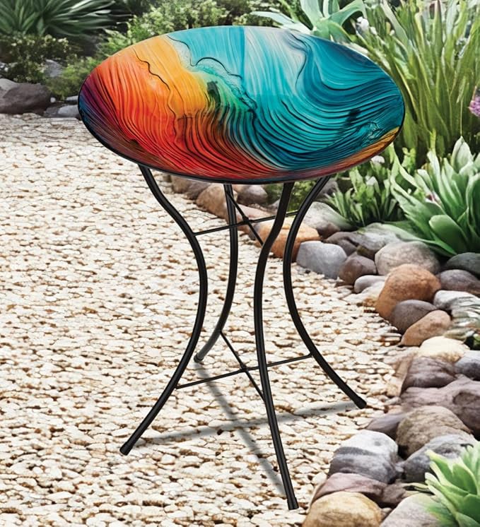 Regal Art & Gift Bird Bath with Stand - Durable Glass Bowl with Heavy-Duty Metal Stand, Easy to Fill, Ideal for Patio, Porch & Garden Décor - Swirl Multi