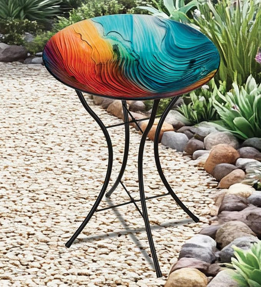 Regal Art & Gift Bird Bath with Stand - Durable Glass Bowl with Heavy-Duty Metal Stand, Easy to Fill, Ideal for Patio, Porch & Garden Décor - Swirl Multi