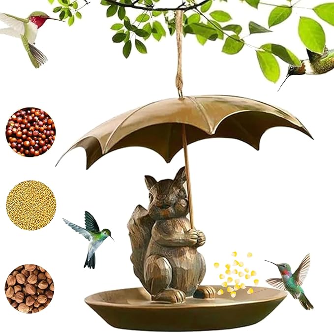 Animal Bird Feeder with Umbrella, Metal Squirrels Feed,Squirrel Umbrella Birds Feeder Birds Feeds for Outdoors Funny Cat Dog for Home Outdoor Decoration and Bird Enthusiasts (Squirrel)
