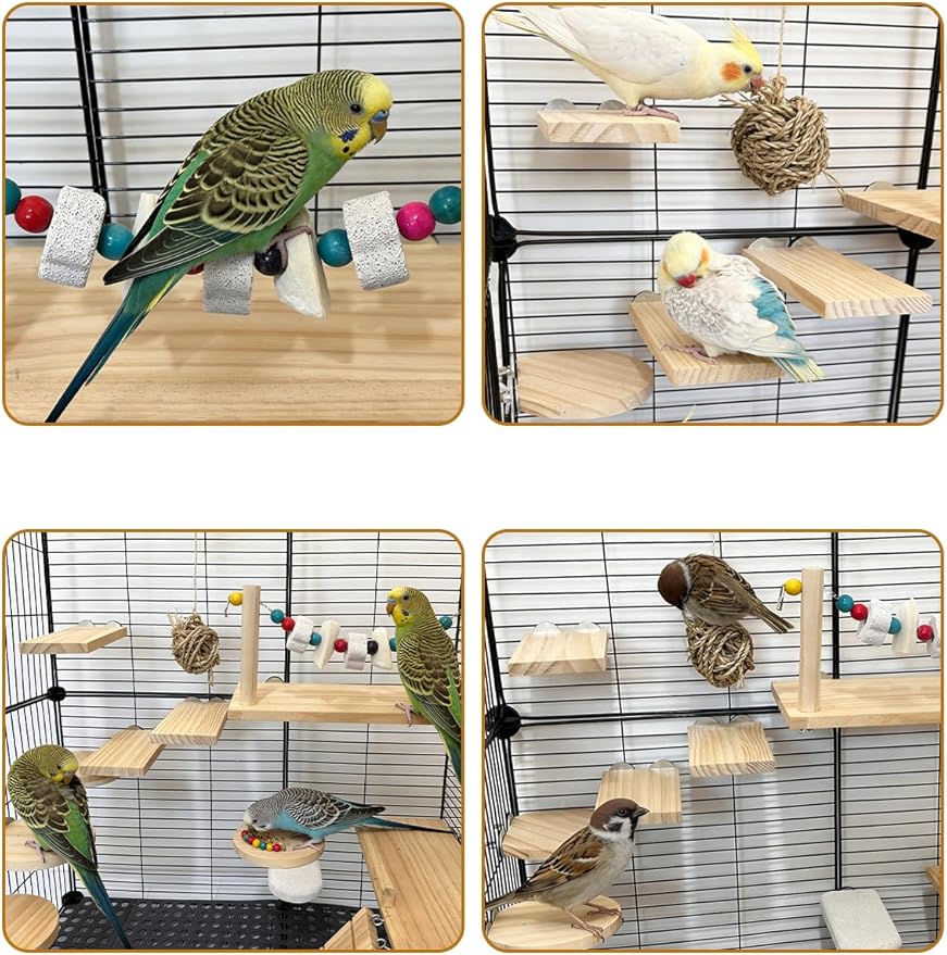 Bird Ledges Wood Sets, Parakeet Wooden Stand Platform with Lava Ledge Blocks Chew Toys Bird Cage Cage Accessories for Finches Canaries Cockatiels Parrot
