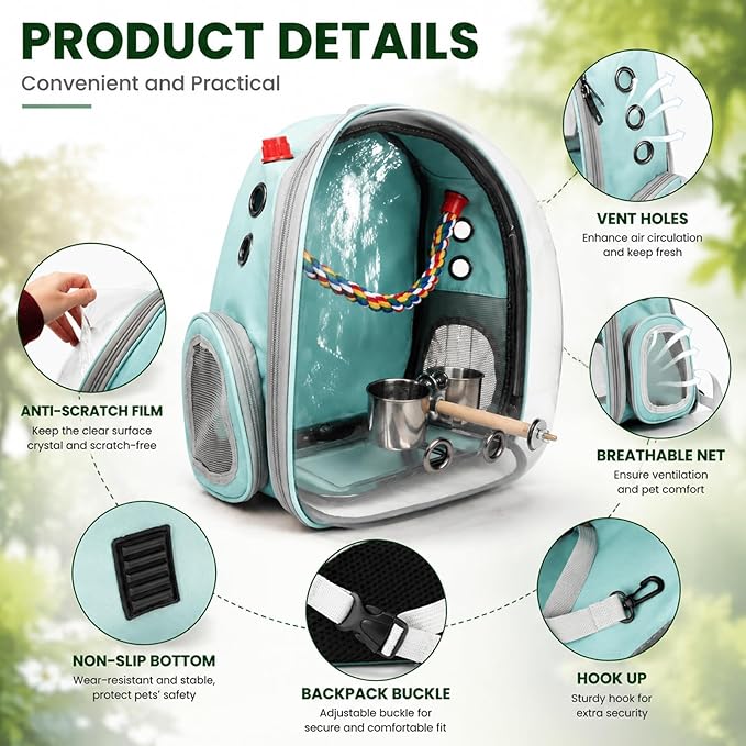 Rypet Bird Carrier Backpack Parrot Portable Breathable Bag Pet Bird Lightweight Travel Cage with Standing Perch and Stainless Steel Tray（Mint Green）