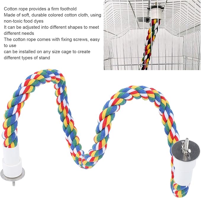 2PCS 23.6" Bird Rope Perches for Parakeets, Soft Cotton Parrot Perch with Quick Fixing Screws, Colorful Bird Cage Accessories for Cockatiels, Budgie, Canary, Comfy Perch Toy for Cage, 0.8in Dia