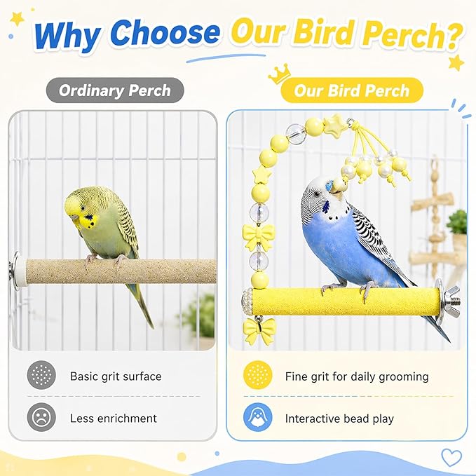 Bird Parrot Perch with Beads and Bow Chew Toy,Cage Platform Toy and Exercise Accessories for Budgies Parakeets Cockatiels Conures and Lovebirds (Yellow)